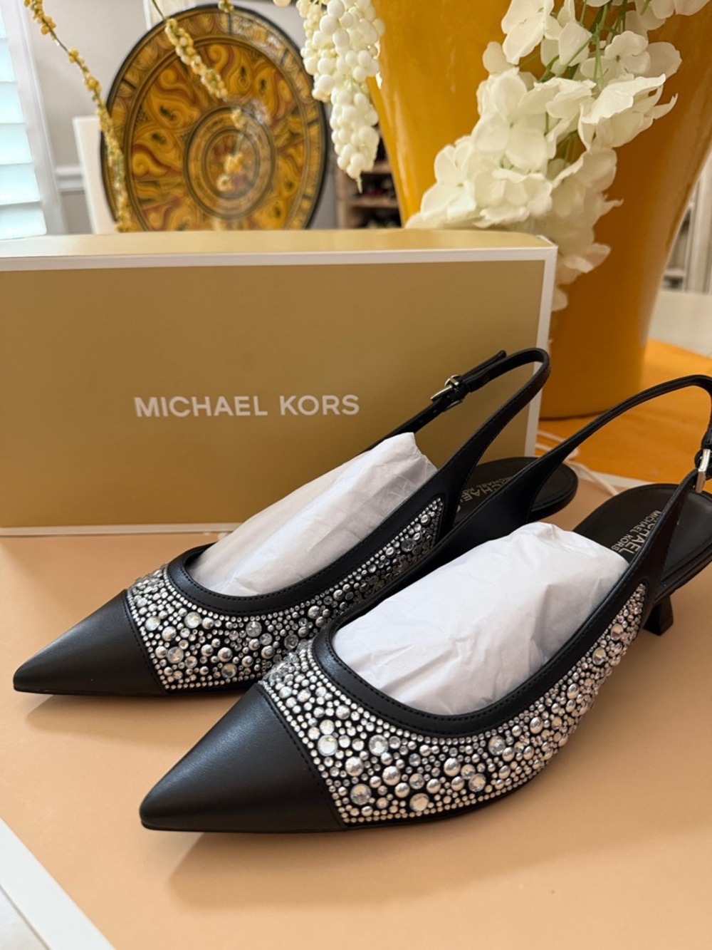 Michael Kors Black Crystal-Embellished Slingback Pumps